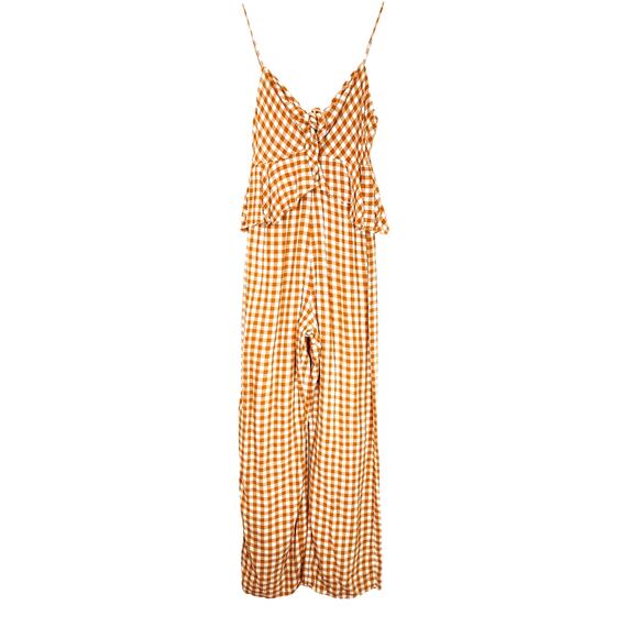 Saylor Laken Gingham Jumpsuit Sleeveless Ruffle Peplum Apricot Womens Size Small - Picture 3 of 10